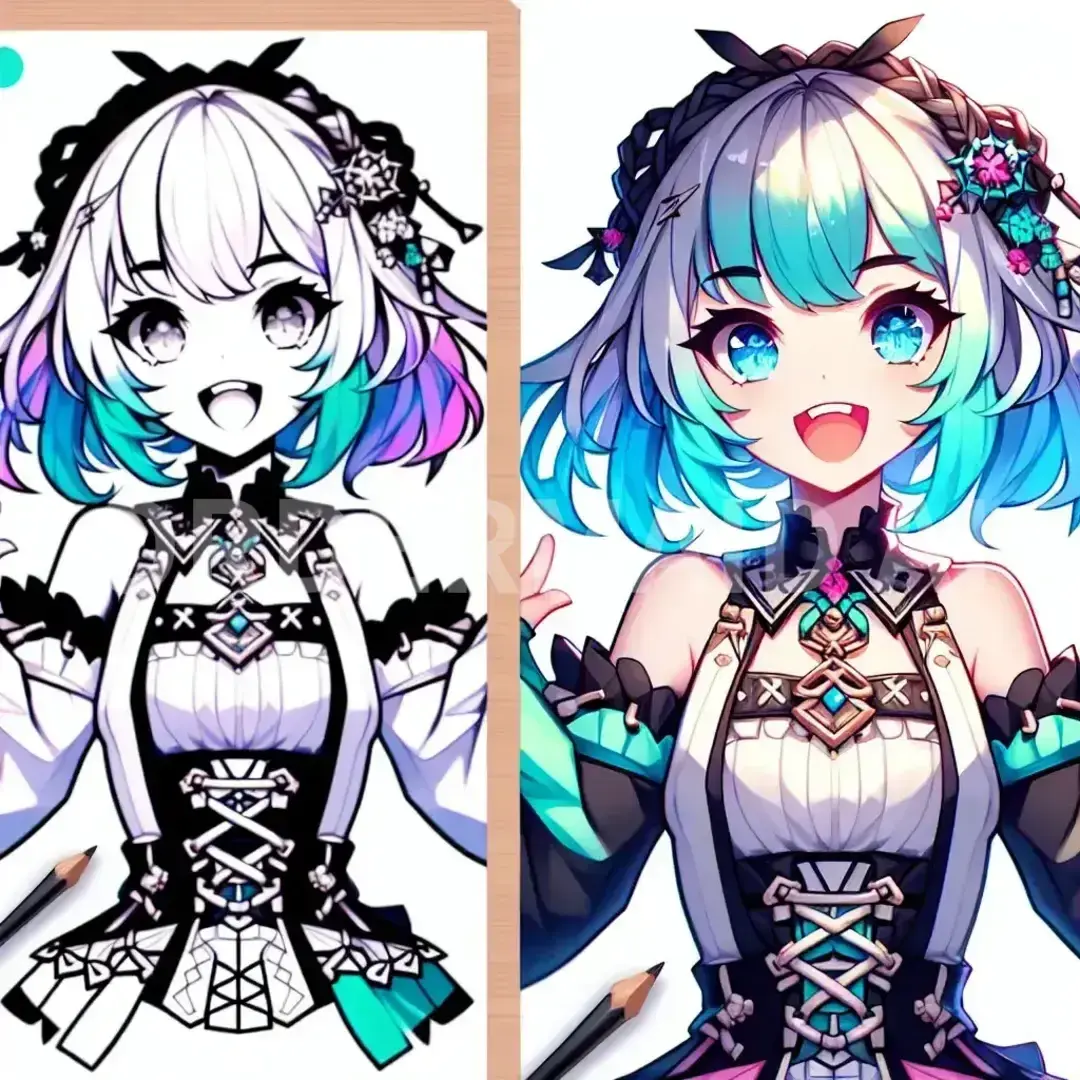 Vtuberの立ち絵メーカー - どんなイラストを生成したい？: 白から水色のグラデーションな髪色でつり目八重歯元気っ子なゴシック調服装 - AI画像 クラウドワークスAI