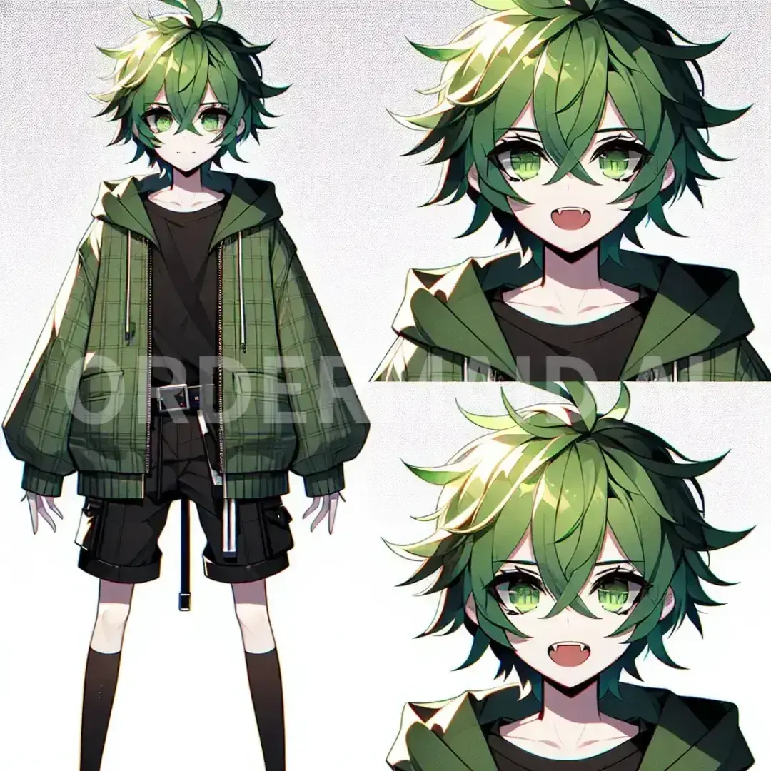 Vtuberの立ち絵メーカー - どんなイラストを生成したい？: 緑髪のギザ歯で目隠れ - AI画像 クラウドワークスAI