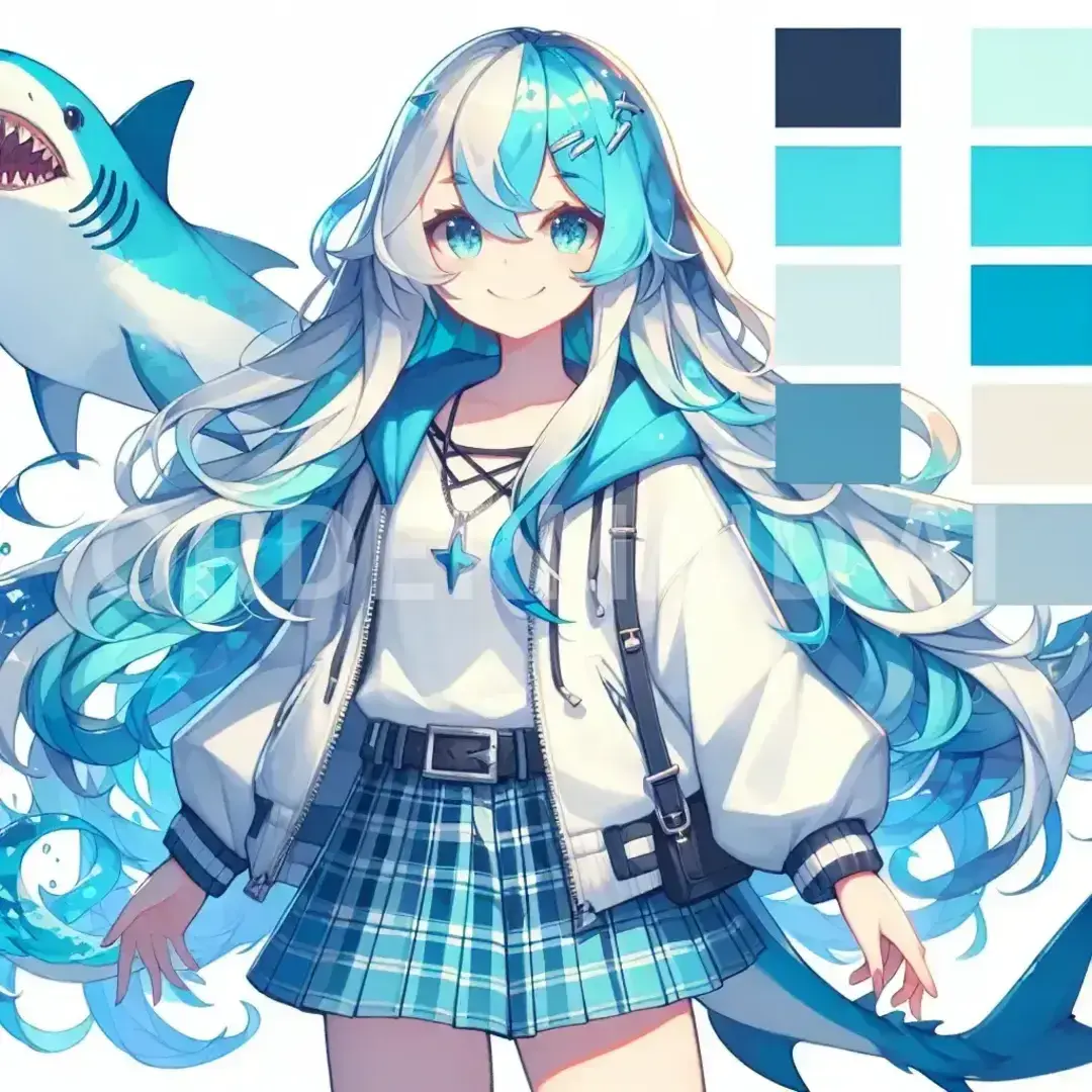 Vtuberの立ち絵メーカー - どんなイラストを生成したい？: 水色と白の髪　サメの女の子 - AI画像 クラウドワークスAI