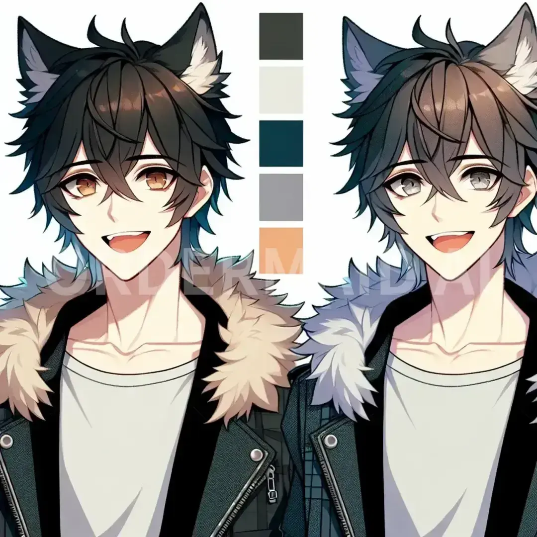Vtuberの立ち絵メーカー - どんなイラストを生成したい？: ウルフヘアの男の子 笑顔 ジャケット - AI画像 クラウドワークスAI