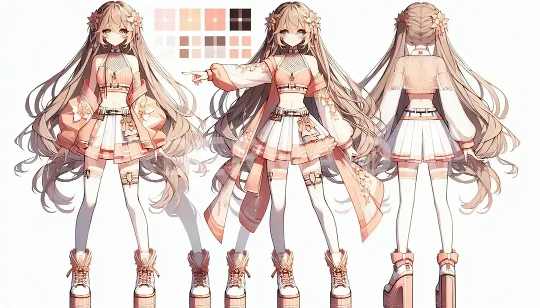 Vtuberの立ち絵メーカー - どんなイラストを生成したい？: アイドル衣装腹出し厚底×桃色系統×編み込みロング - AI画像 クラウドワークスAI