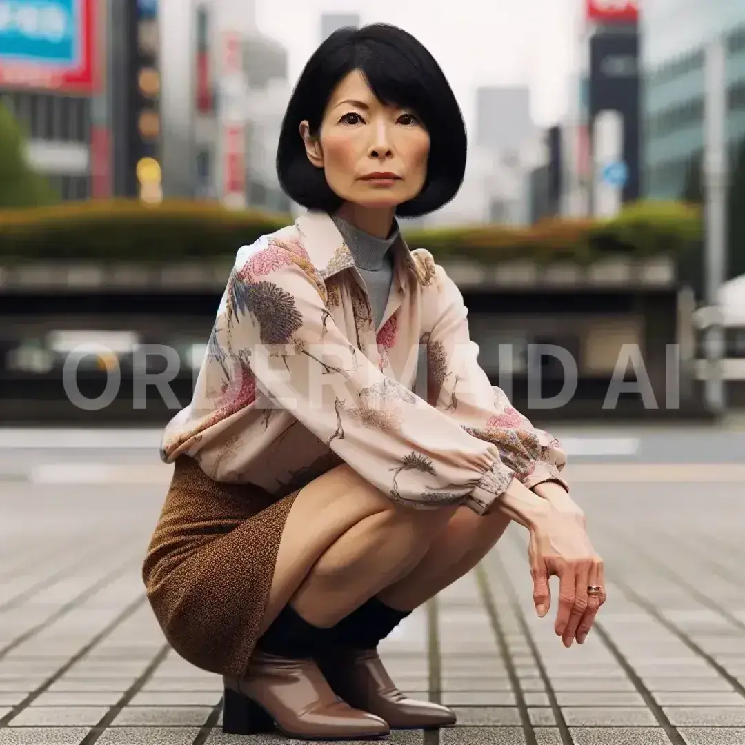 AI美女メーカー - 髪色: 黒髪 / 年齢: 50代 / ポーズやシーン: しゃがむ　ミニスカート　おばさん　正面 - AI画像 クラウドワークスAI