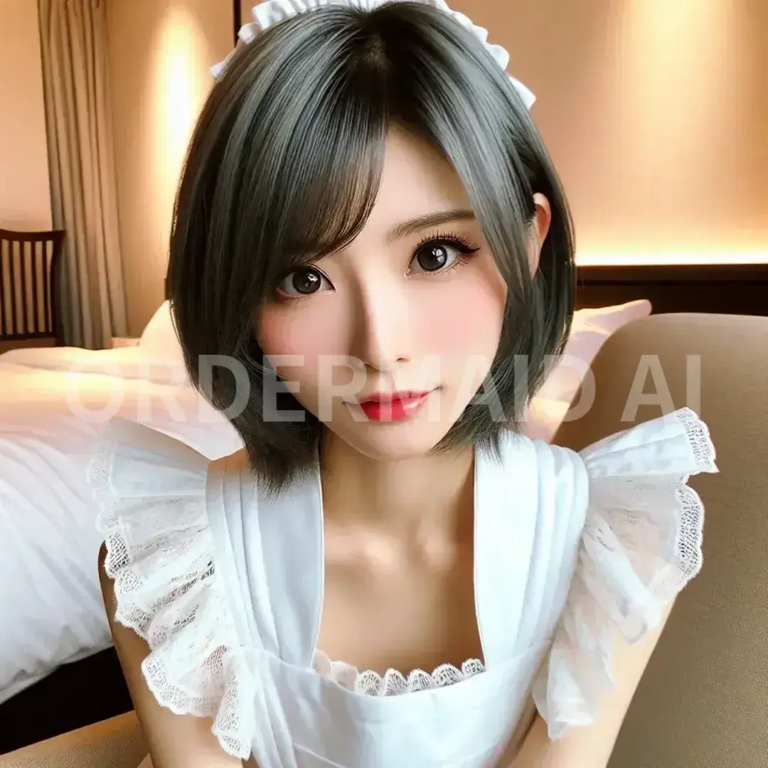 AI美女メーカー2 - 髪型: ショートヘア / 髪色: 銀髪 / 服装: メイド服 / 背景: 寝室 / 表情やポーズ: 女の子座り - AI画像 クラウドワークスAI