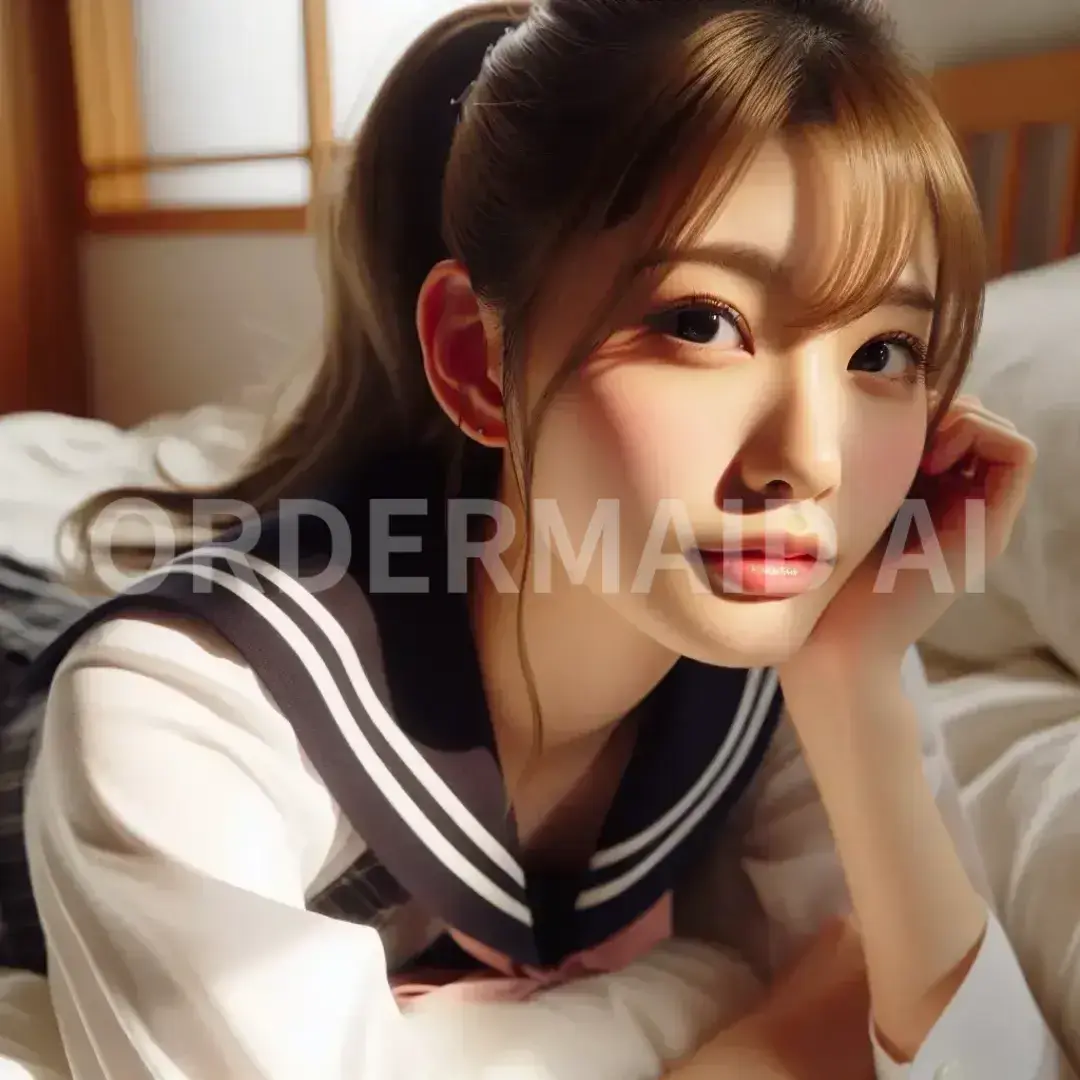 AI美女メーカー2 - 髪型: ポニーテール / 髪色: 金髪 / 服装: 女子高生 / 背景: 寝室 / 表情やポーズ: 寝転がっている - AI画像 クラウドワークスAI