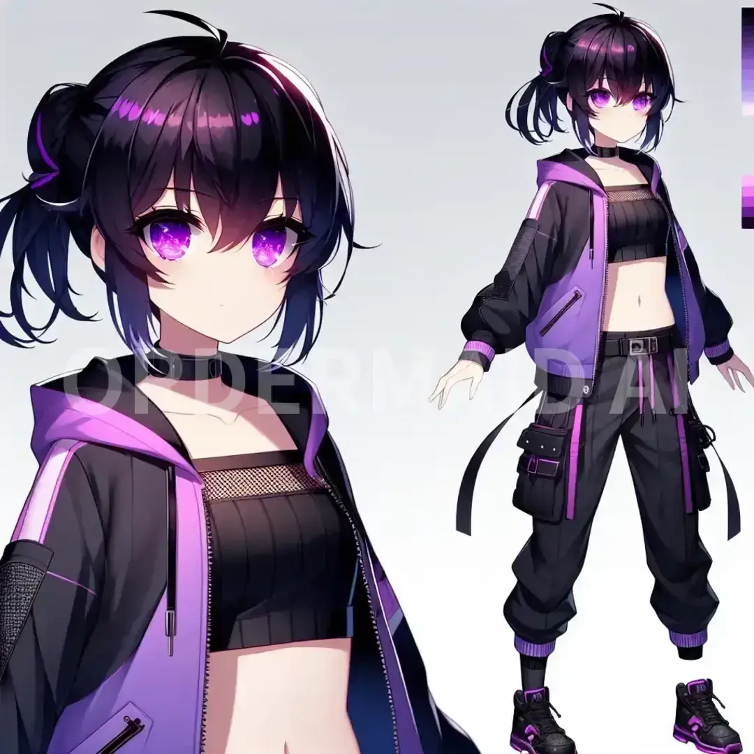 Vtuberの立ち絵メーカー - どんなイラストを生成したい？: ベタ塗り ツリ目 紫色の瞳 黒髪ポニーテール 前髪あり かっこいい ヤンキー - AI画像 クラウドワークスAI