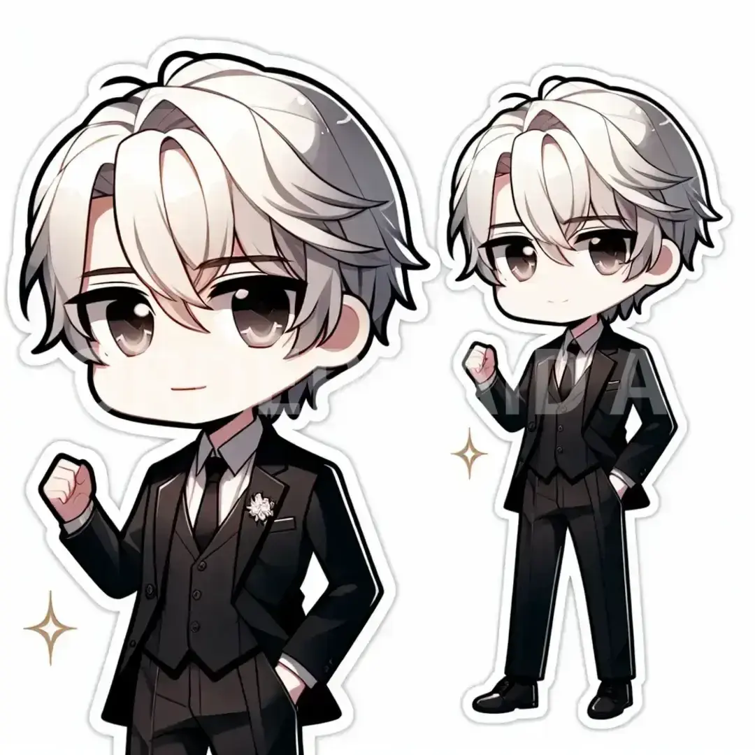 ちびキャラ - どんなちびキャラを生成したい？: イケメン 白髪  黒服 - AI画像 クラウドワークスAI