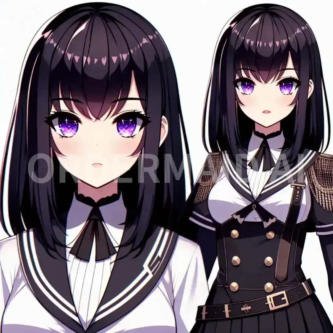 Vtuberの立ち絵メーカー - どんなイラストを生成したい？: 黒髪 ロング ぱっつん前髪に顔周りの髪の毛あり 平行眉 目尻が跳ね上げ 紫の瞳 表情はギャルっぽい かっこいい衣装 ベタ塗り - AI画像 クラウドワークスAI