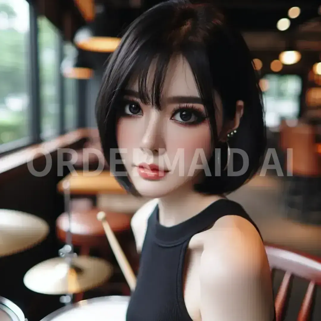AI美女メーカー2 - 髪型: ショートヘア / 髪色: 黒髪 / 服装: ノースリーブシャツ / 背景: カフェ / 表情やポーズ: ドラムを叩いている - AI画像 クラウドワークスAI
