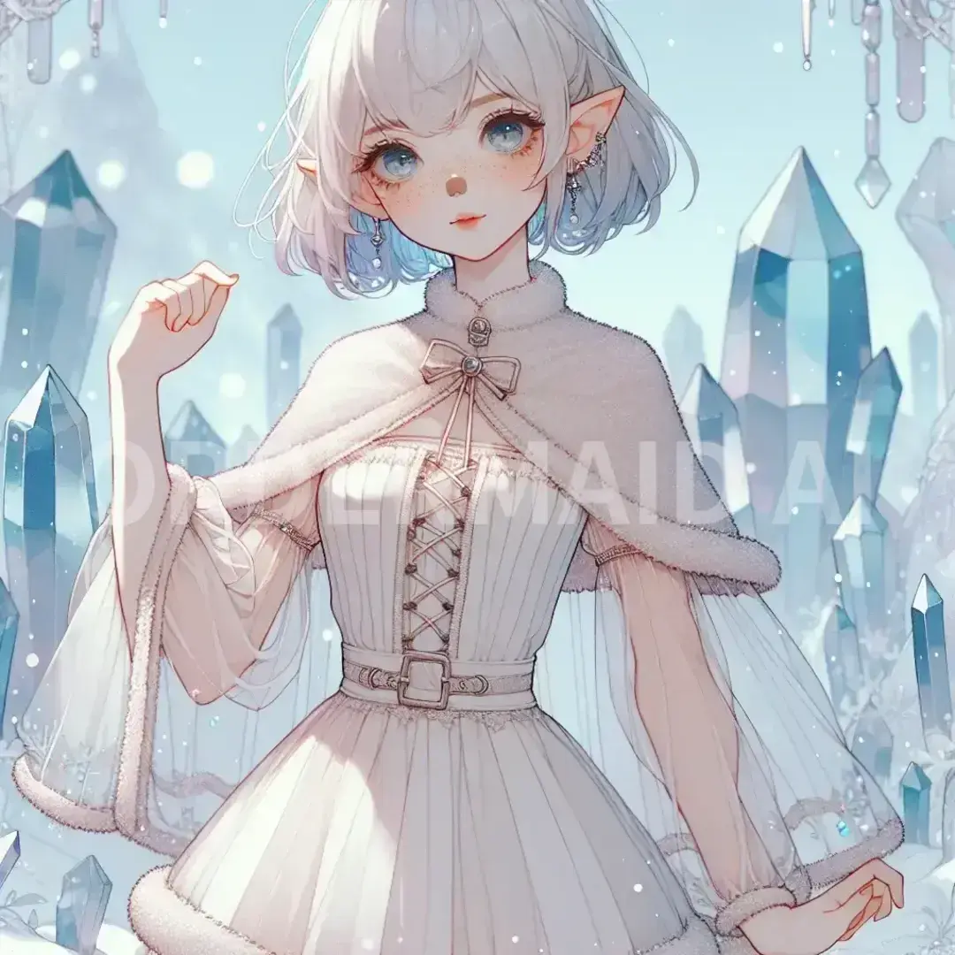 淡くて美しいキャラクターイラスト - どんなイラストを生成したい？: 白髪ボブ エルフ そばかす 無表情 青眼 丸メガネ 鼻絆創膏 まろ眉 サンタ赤い服 - AI画像 クラウドワークスAI
