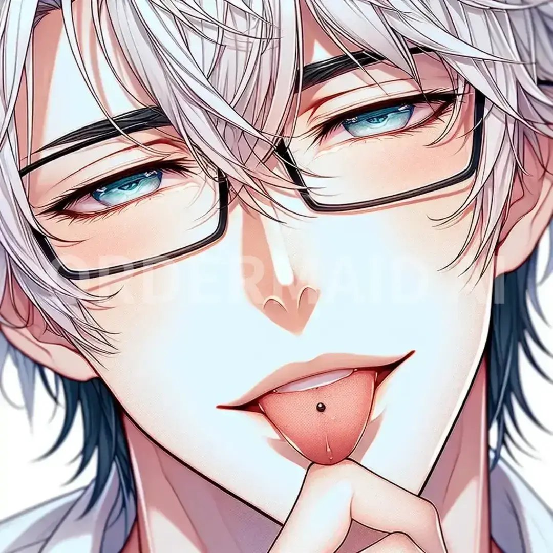 顔面どアップイラストアイコン - どんなイラストを生成したい？: 白髪　男性　青眼　舌ピアス　メガネ　エロい目 / 表情を選択してください。: 愛情: 目を優しく閉じ、微笑み、抱擁する姿勢。 - AI画像 クラウドワークスAI
