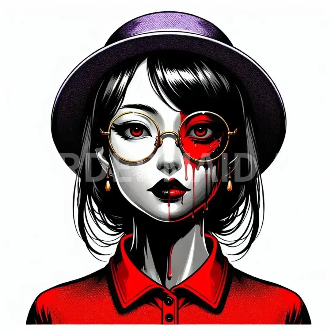 ちょっと怖いブラックユーモア系イラスト - どんなイラストを生成したい？: 40代の日本人女性　黒髪で一つにくくっている　金縁丸めがね　赤い無地のポロシャツ　紫のキャップをかぶっている - AI画像 クラウドワークスAI