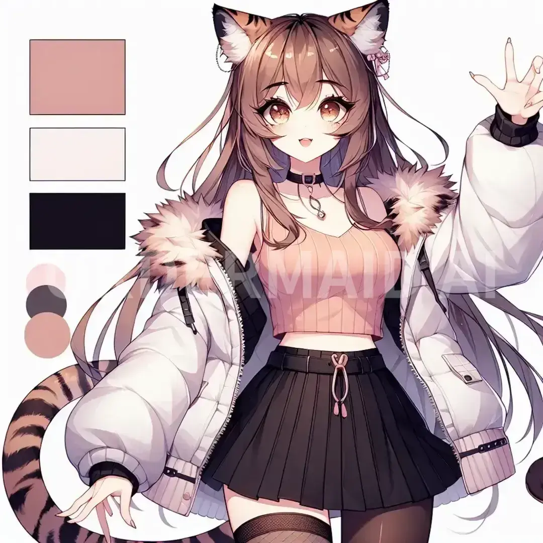 Vtuberの立ち絵メーカー - どんなイラストを生成したい？: 虎擬人化　全身　差分なし　女性　茶黒　猫の手ポーズ　かわいい　活発　アイドル - AI画像 クラウドワークスAI