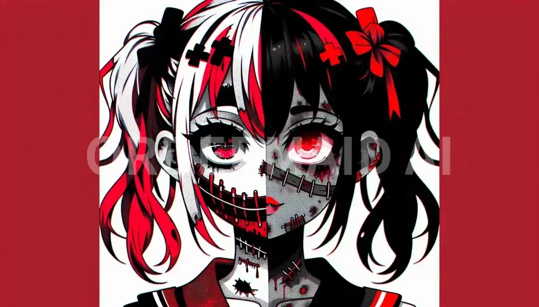 ちょっと怖いブラックユーモア系イラスト - どんなイラストを生成したい？: アニメ風つぎはぎゾンビの美少女 - AI画像 クラウドワークスAI