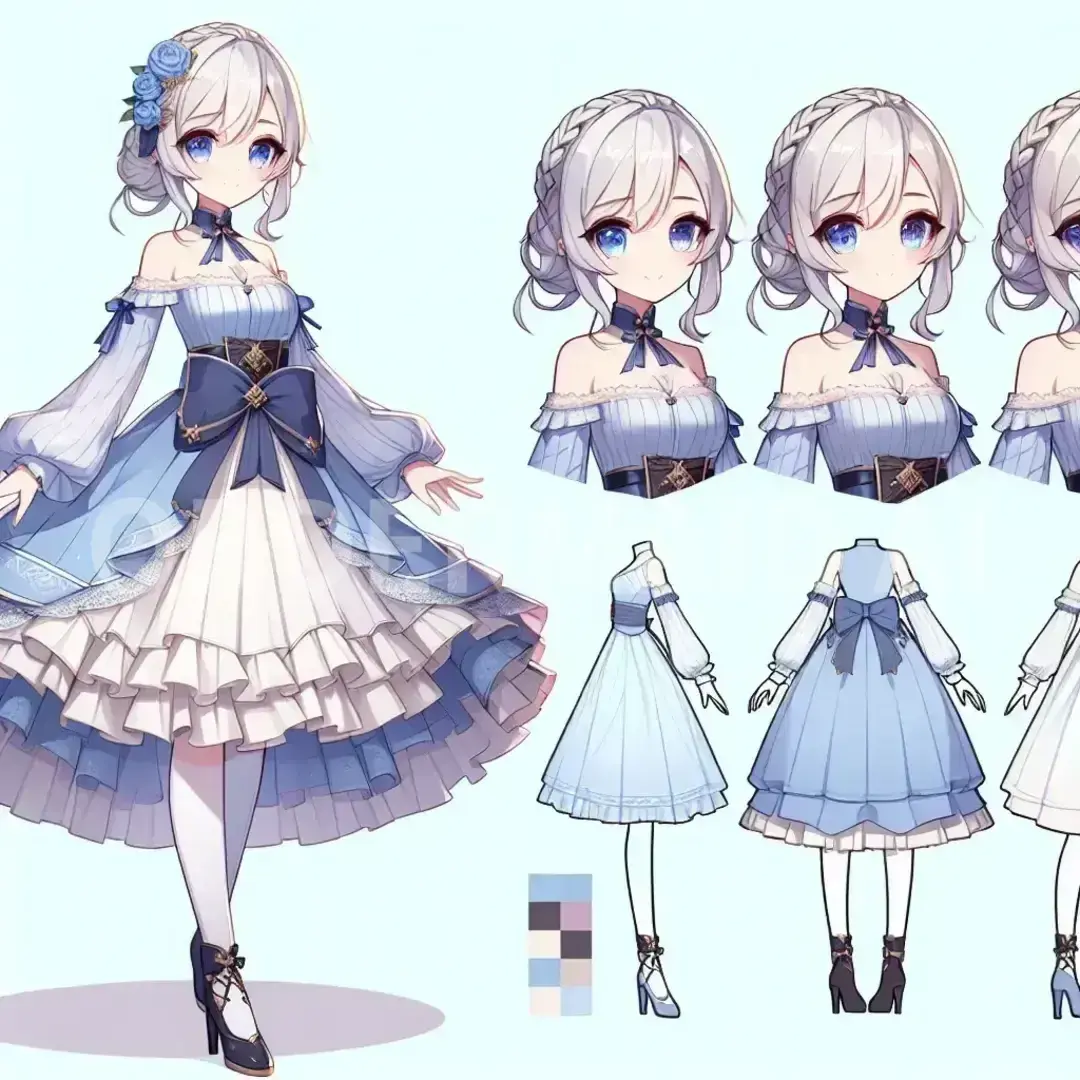 Vtuberの立ち絵メーカー - どんなイラストを生成したい？: 白い髪  ハーフアップ お嬢様 ワンピース青色 - AI画像 クラウドワークスAI