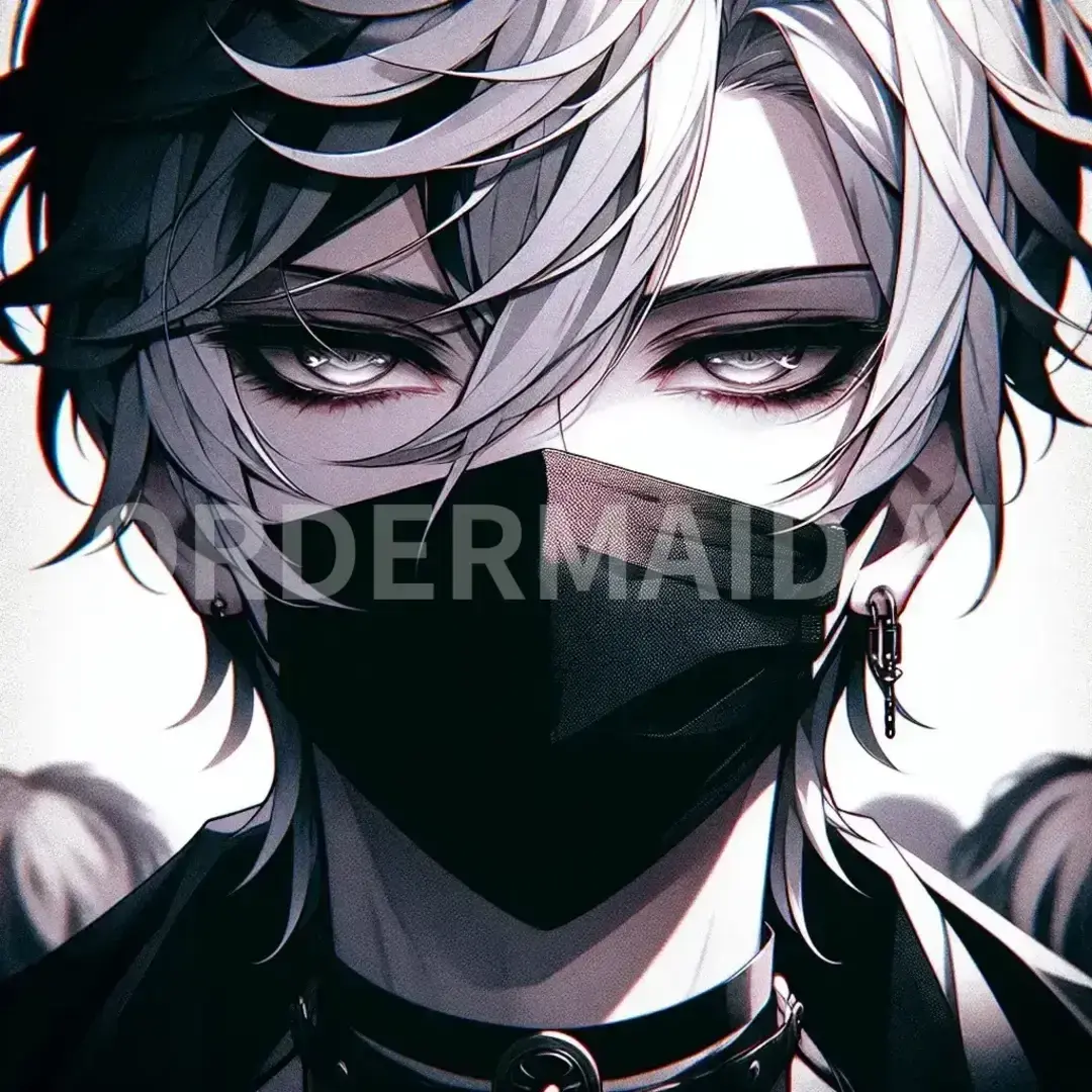 顔面どアップイラストアイコン - どんなイラストを生成したい？: 男子。銀髪。黒マスク。白い肌。 / 表情を選択してください。: 闇堕ち: 目の下に暗い隈を持ち、ゆっくりと微笑むか、または無表情。通常のキャラクターの特徴がより鋭く、暗く、時には邪悪なオーラを帯びて描かれる。眼差しは冷たく、しばしば他人を見下すような傲慢さがある。色彩は暗めで、しばしば赤や黒を多用する。 - AI画像 クラウドワークスAI